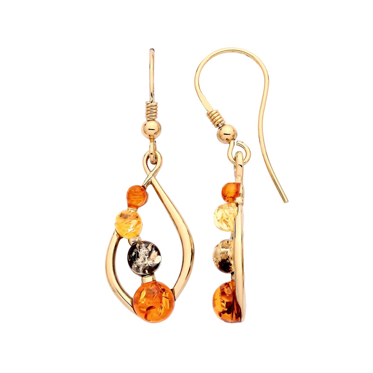 Gold Plated Sterling Silver Natural Baltic Amber Three-Stone Open Swirl Drop Earrings