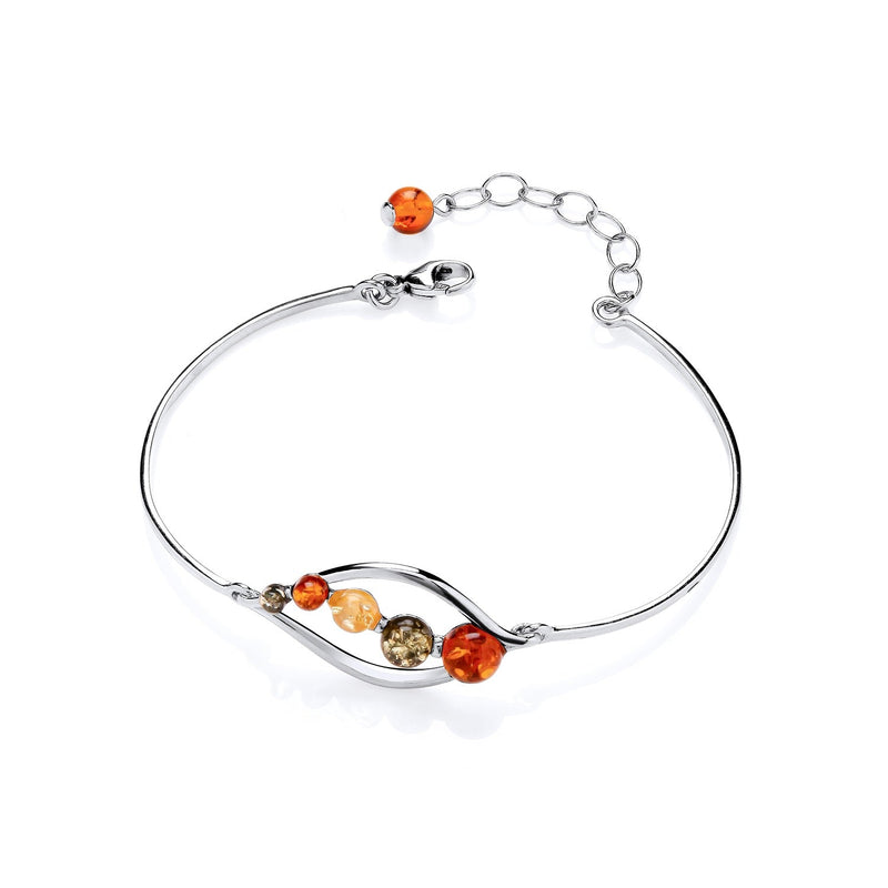 Sterling Silver Natural Baltic Amber Three-Stone Open Swirl Bangle