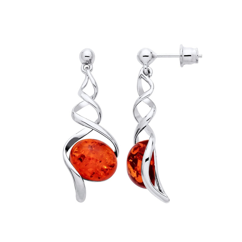 Sterling Silver Natural Baltic Amber Twist Oval Drop Earrings