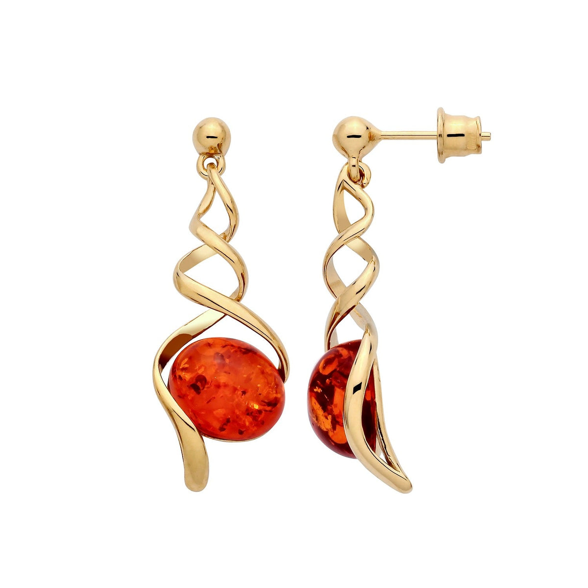 Gold Plated Sterling Silver Natural Baltic Amber Twist Oval Drop Earrings