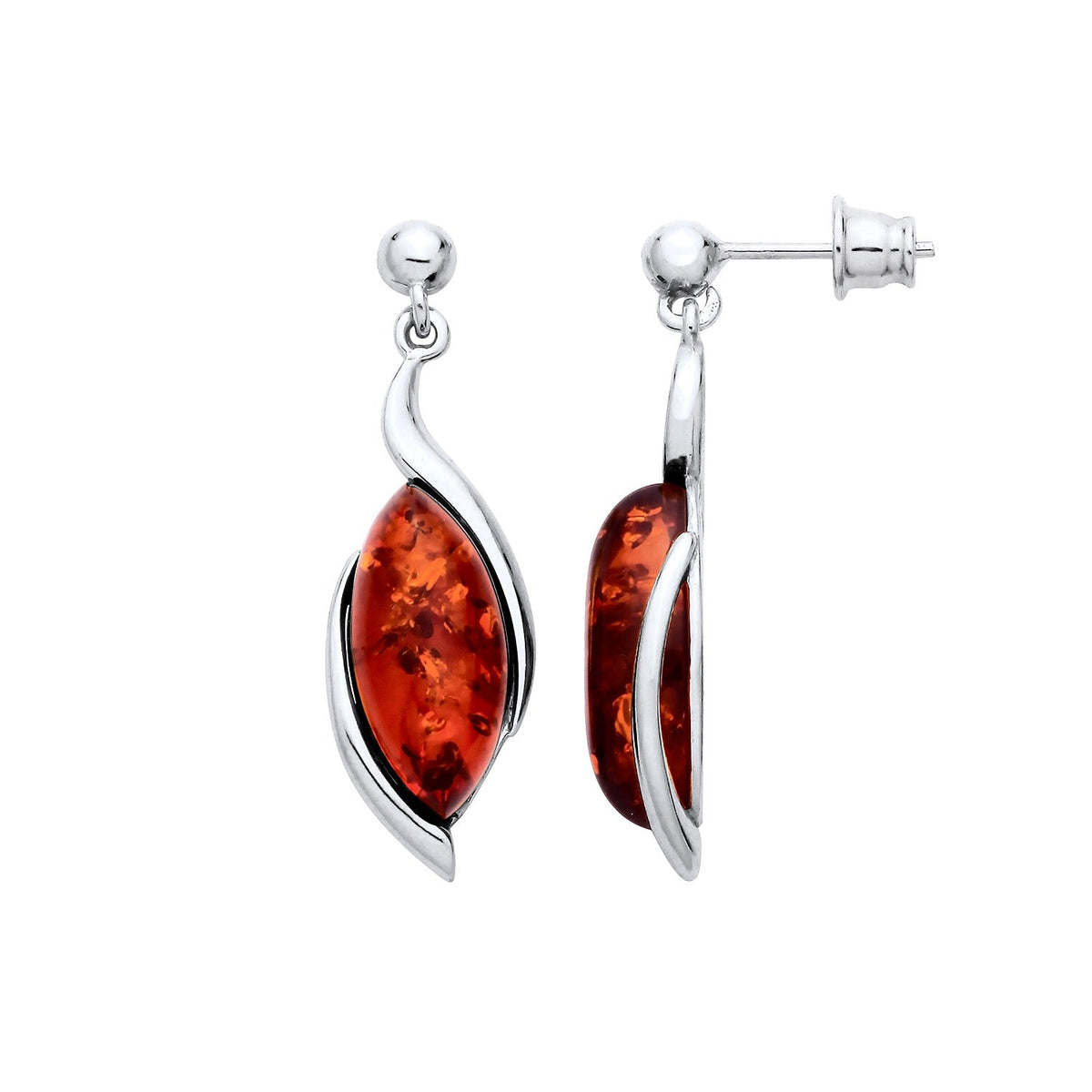 Sterling Silver Natural Baltic Amber Marquise Ribbon Drop Earrings