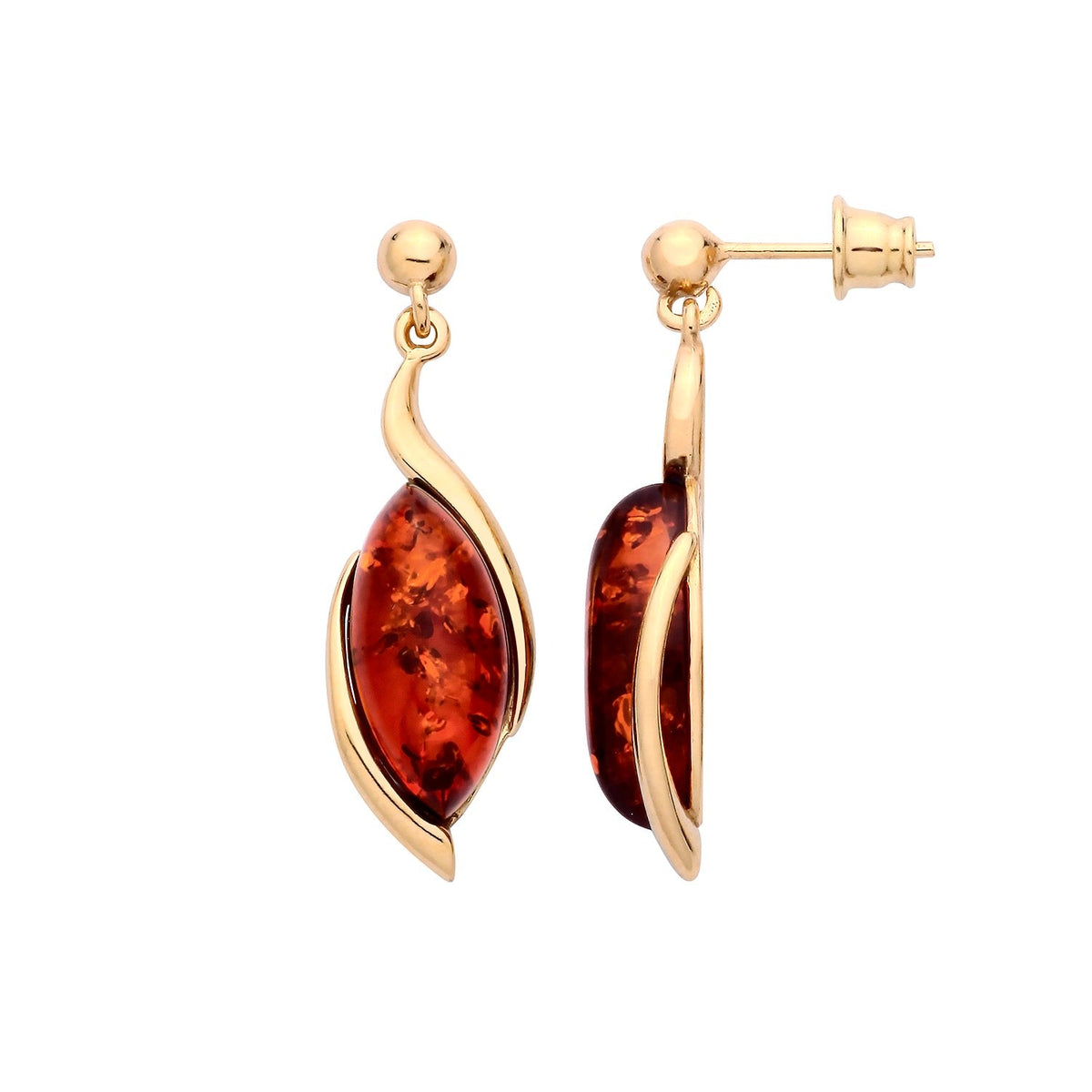 Gold Plated Sterling Silver Natural Baltic Amber Marquise Ribbon Drop Earrings