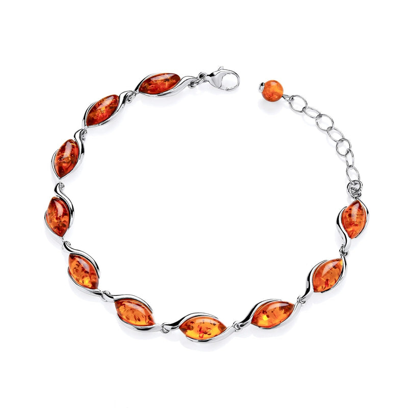 Sterling Silver Natural Baltic Amber Marquise Ribbon Link Bracelet