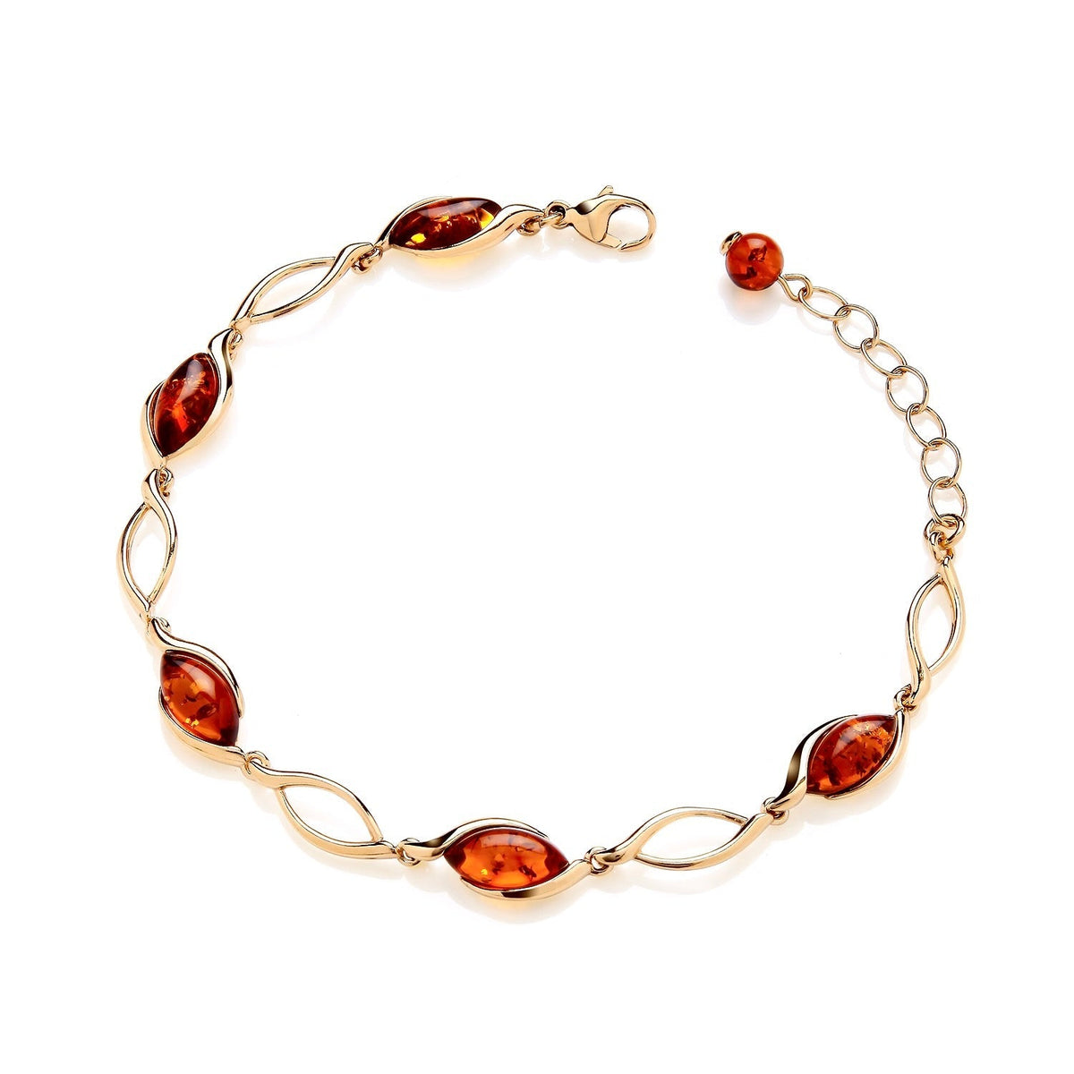 Gold Plated Sterling Silver Natural Baltic Amber Open Marquise Ribbon Bracelet