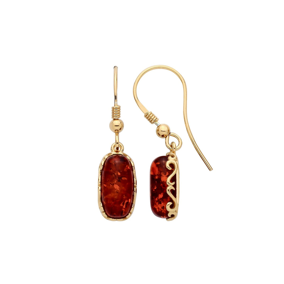 Gold Plated Sterling Silver Natural Baltic Amber Oblong Filigree Drop Earrings