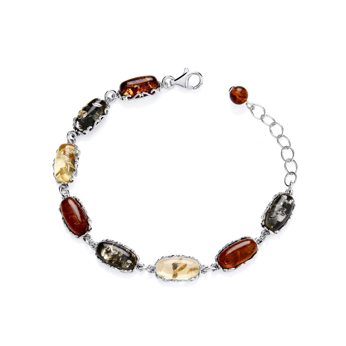 Sterling Silver Natural Baltic Amber Oblong Filigree Bracelet
