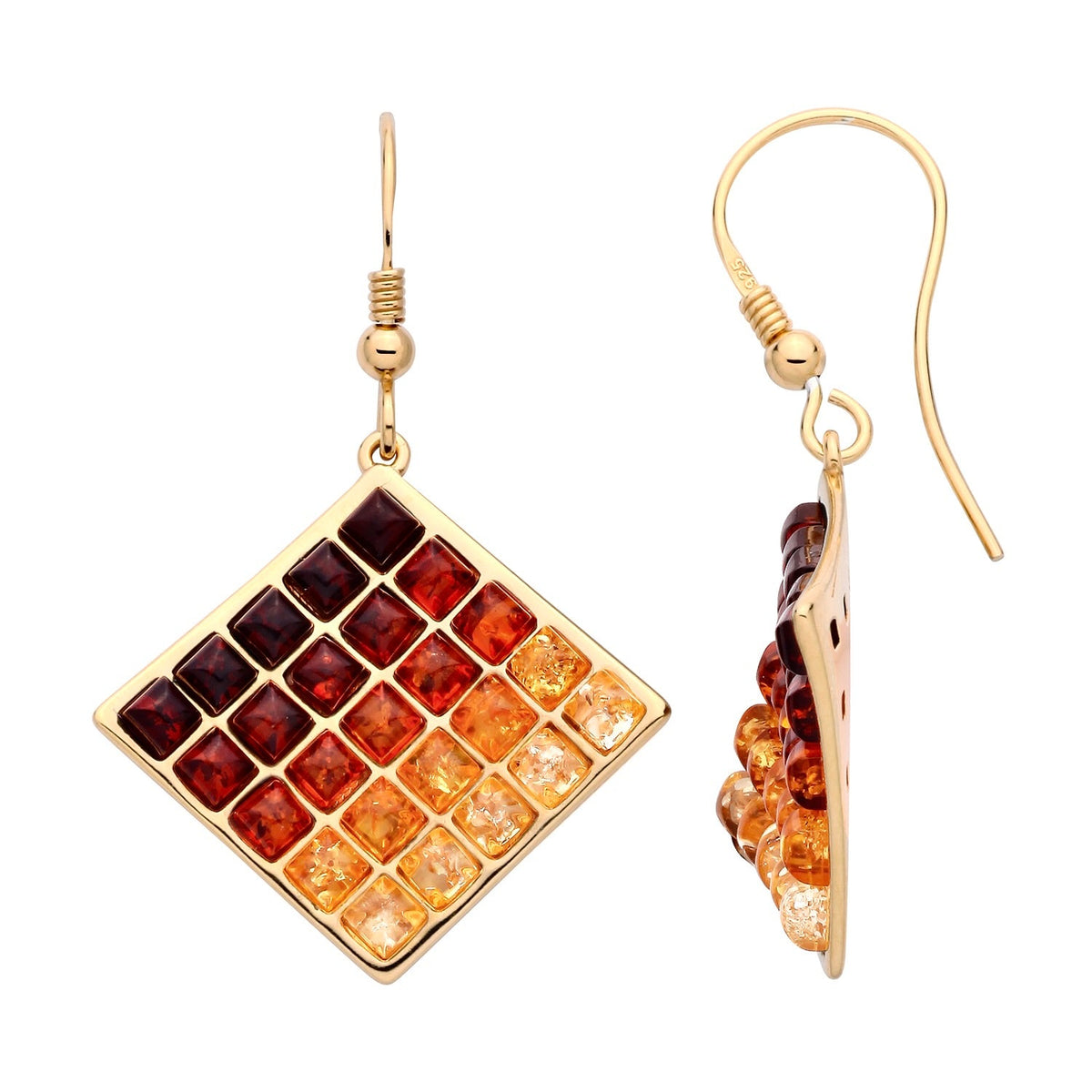 Gold Plated Sterling Silver Natural Baltic Amber Mosaic Diamond Drop Earrings
