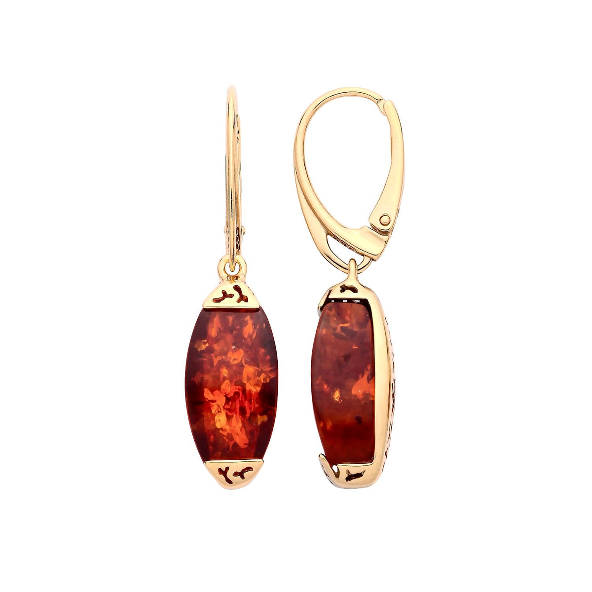 Gold Plated Sterling Silver Natural Baltic Amber Elongated Oval Drop Earrings