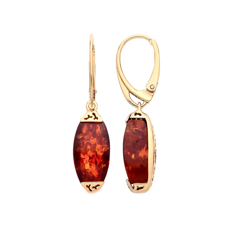 Gold Plated Sterling Silver Natural Baltic Amber Elongated Oval Drop Earrings