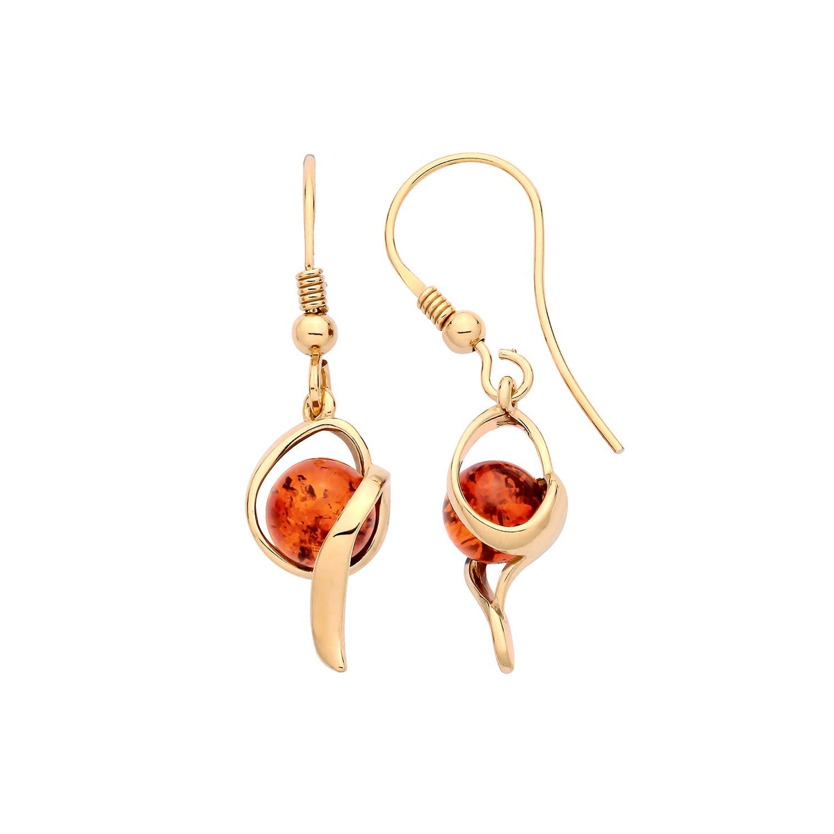 Gold Plated Sterling Silver Natural Baltic Amber Round Cabochon Sweep Drop Earrings