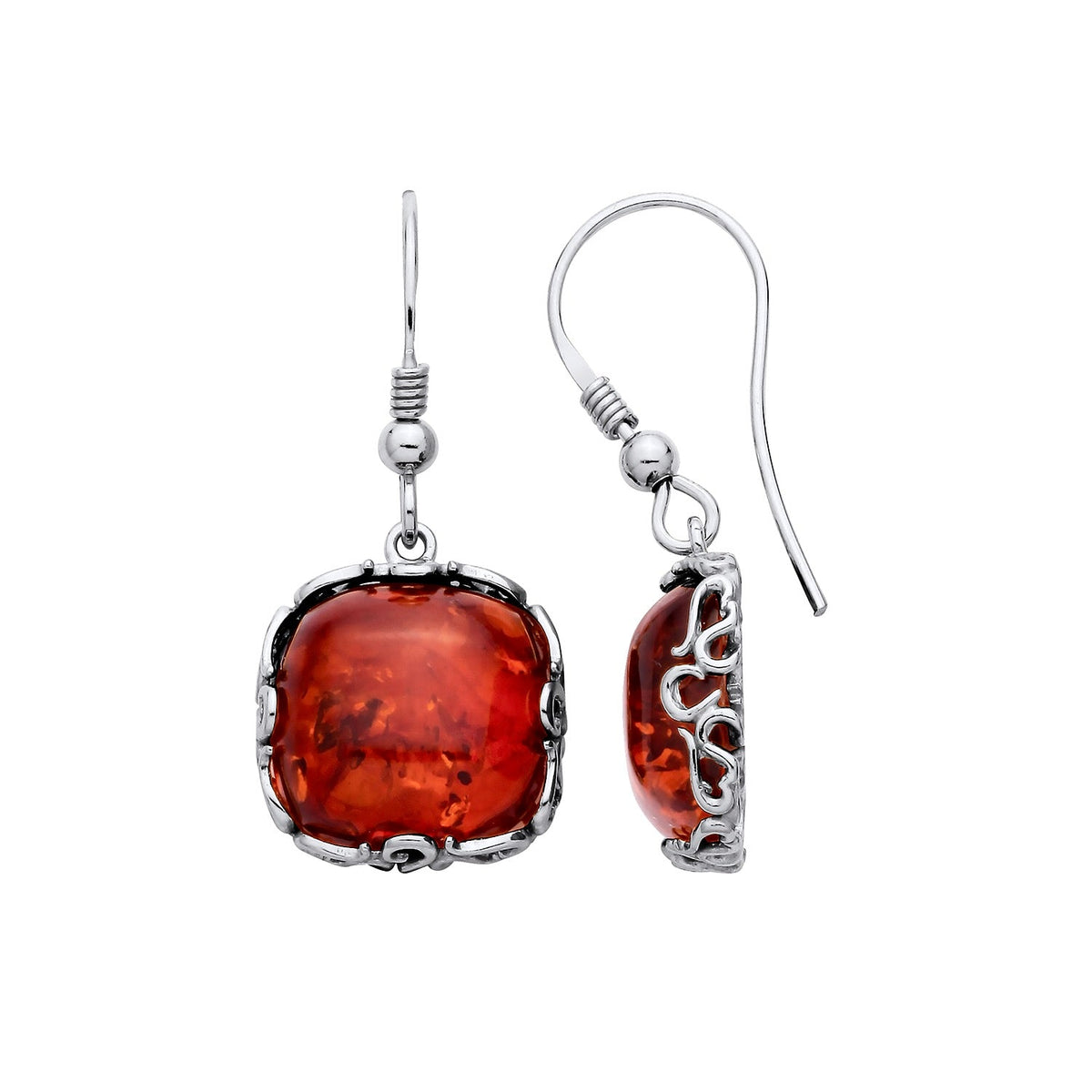 Sterling Silver Natural Baltic Amber Geometric Square Drop Earrings