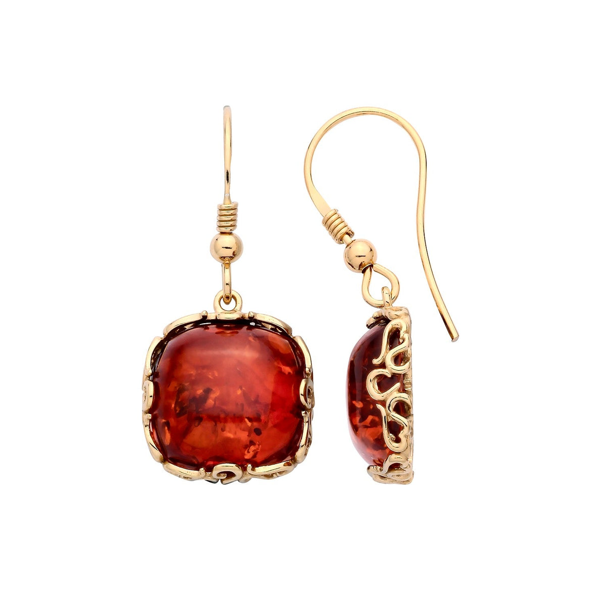 Gold Plated Sterling Silver Natural Baltic Amber Geometric Square Drop Earrings