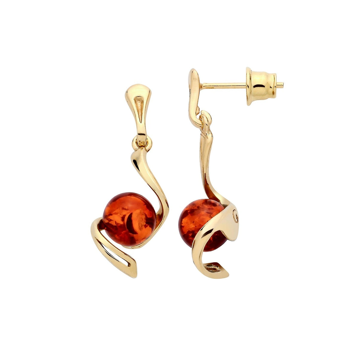 Gold Plated Sterling Silver Natural Baltic Amber Round Cabochon Curve Drop Earrings