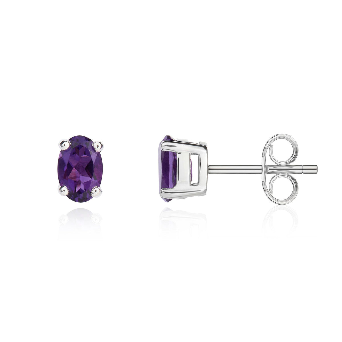 9ct White Gold Oval Natural Amethyst Claw Stud Earrings — 6x4mm