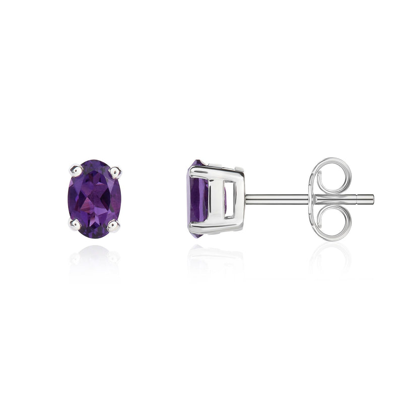 9ct White Gold Oval Natural Amethyst Claw Stud Earrings — 6x4mm
