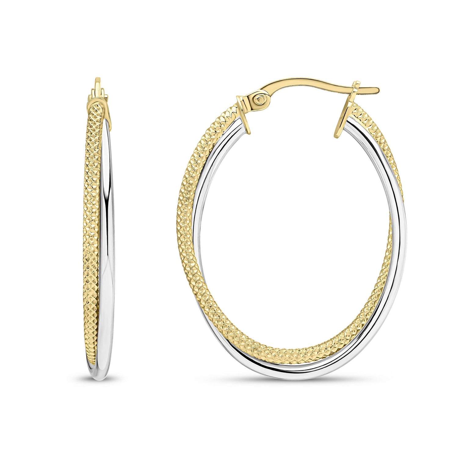 9ct Yellow and White Gold Diamond Cut Twist Hoop Earrings