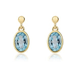 9ct Yellow Gold Oval Natural Swiss Blue Topaz Rubover Drop Earrings — 6x4mm