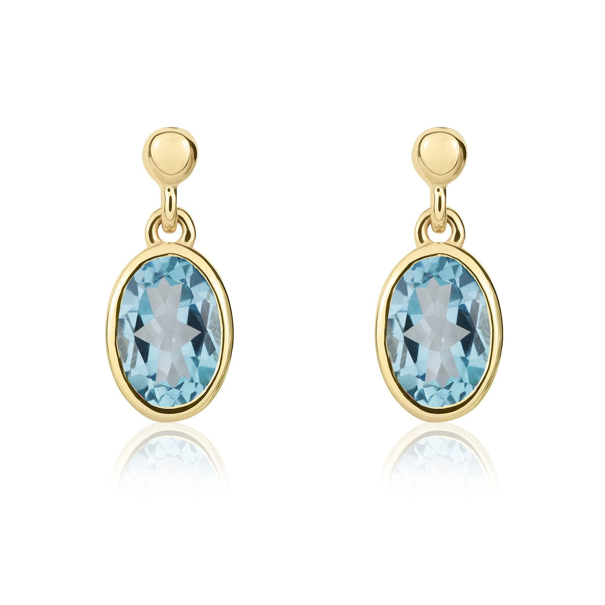 9ct Yellow Gold Oval Natural Swiss Blue Topaz Rubover Drop Earrings — 6x4mm