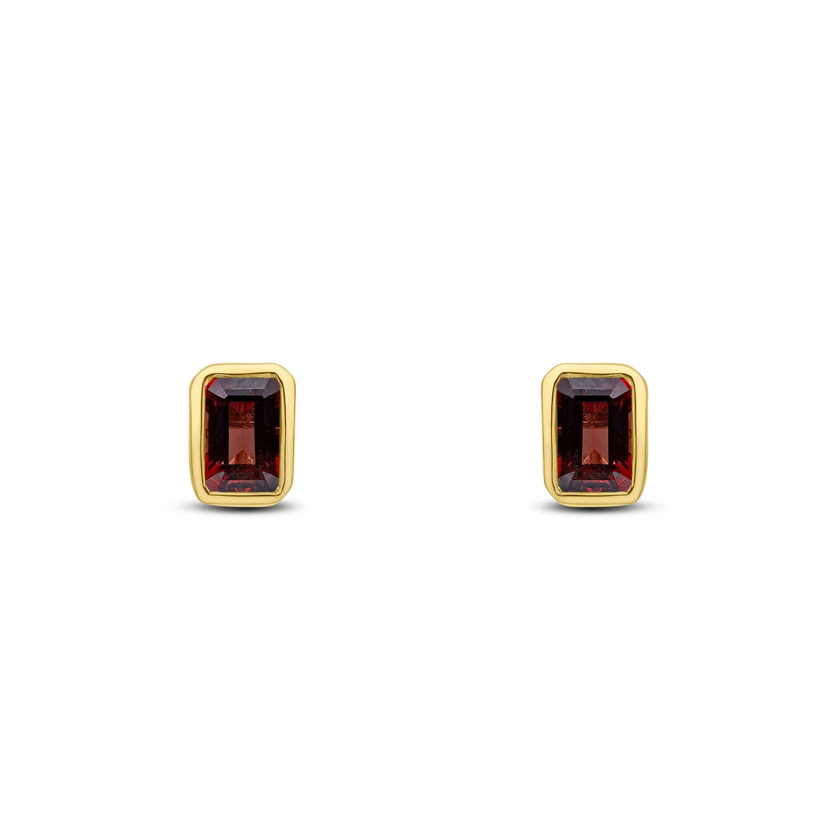 9ct Yellow Gold Octagonal Emerald Cut Natural Garnet Rubover Stud Earrings — 5x3mm