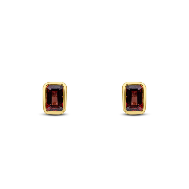 9ct Yellow Gold Octagonal Emerald Cut Natural Garnet Rubover Stud Earrings — 5x3mm