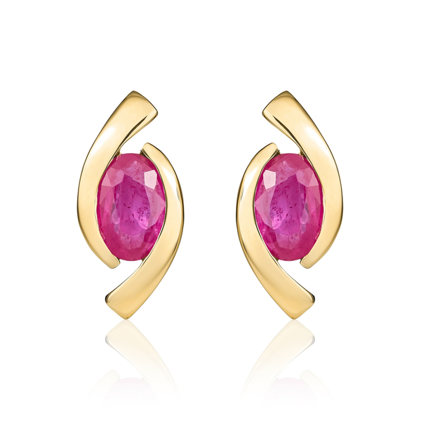 9ct Yellow Gold Oval Natural Ruby 'Eye' Stud Earrings — 6x4mm