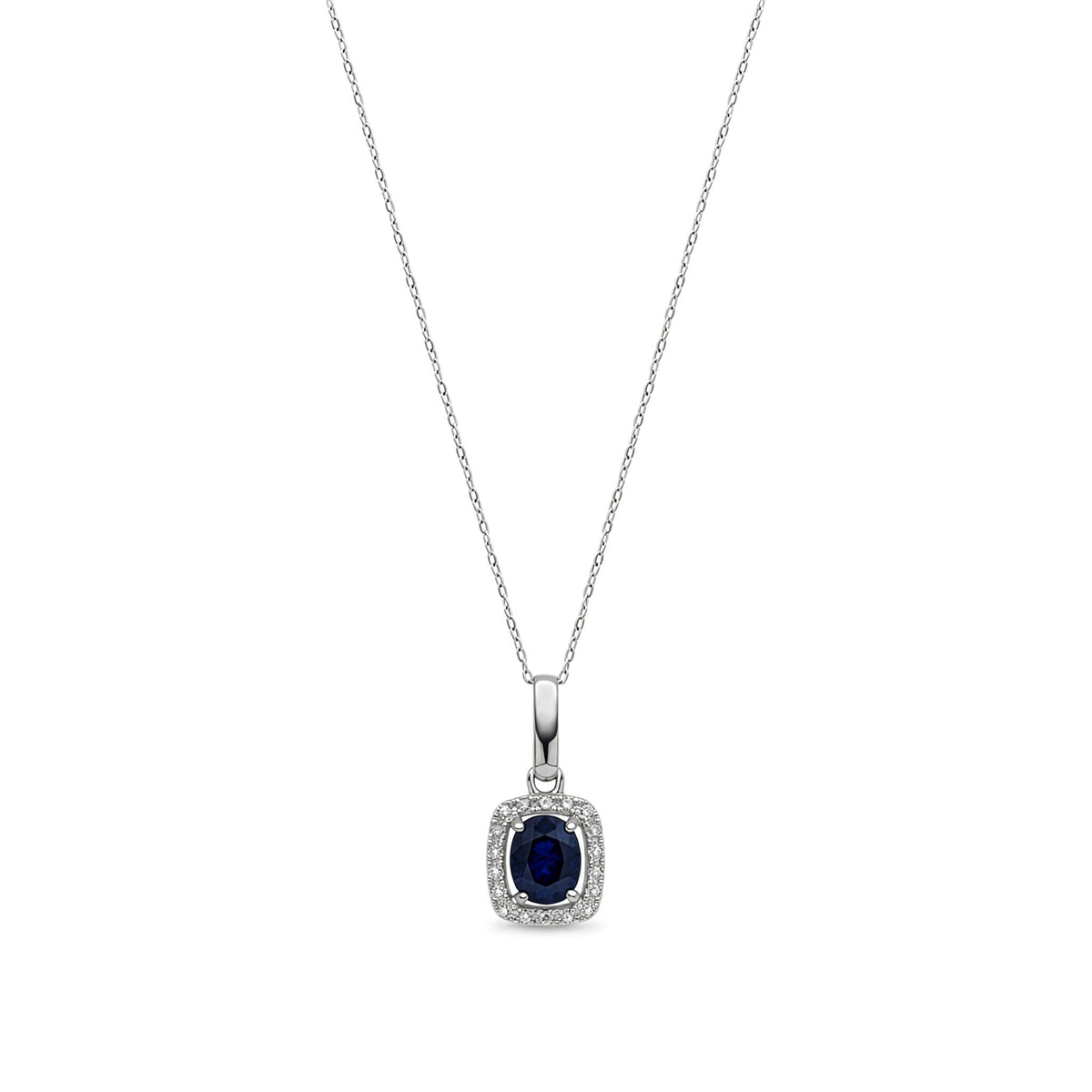 9ct White Gold Oval Natural Blue Sapphire and Round Diamond Cushion Cluster Pendant