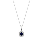 9ct White Gold Oval Natural Sapphire & Diamond Cushion Cluster Pendant — 5x4mm