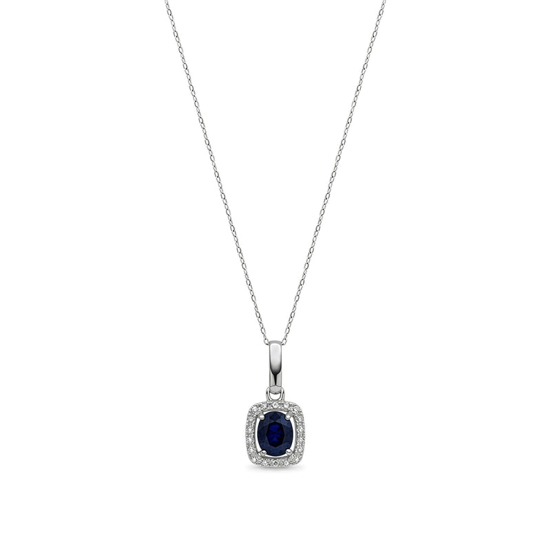 9ct White Gold Oval Natural Sapphire & Diamond Cushion Cluster Pendant — 5x4mm