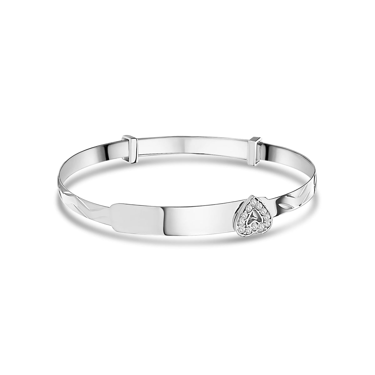 9ct White Gold Diamond-Cut Expandable Baby Child Bangle with Cubic Zirconia Heart