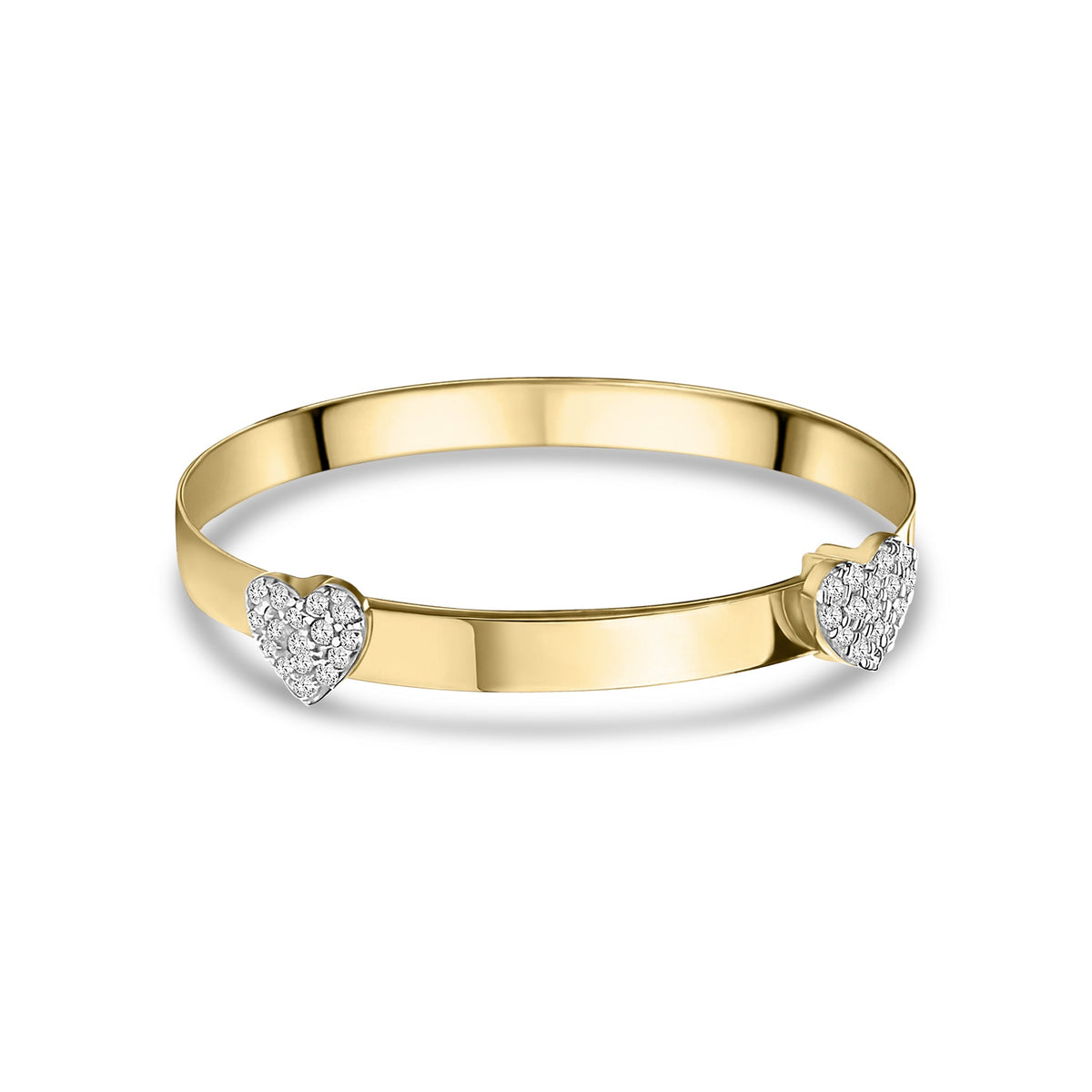 9ct Yellow Gold Expandable Baby Child Bangle with Two Cubic Zirconia Hearts