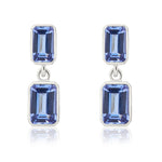 9ct White Gold Octagonal Emerald Cut Natural Tanzanite Double Stone Rubover Drop Earrings