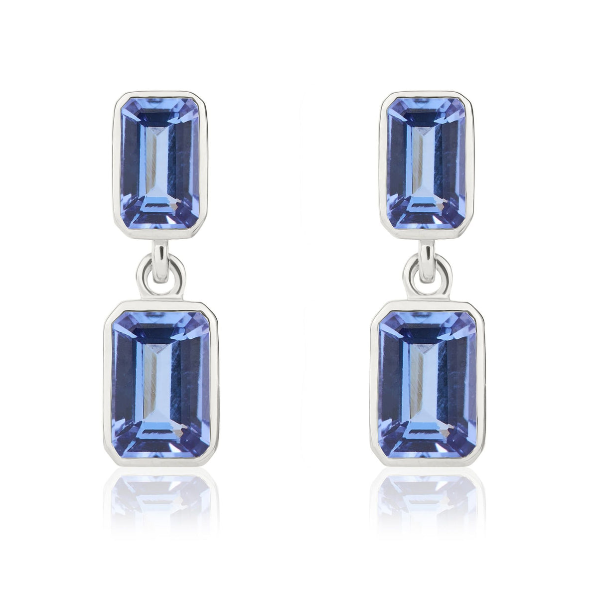 9ct White Gold Octagonal Emerald Cut Natural Tanzanite Double Stone Rubover Drop Earrings
