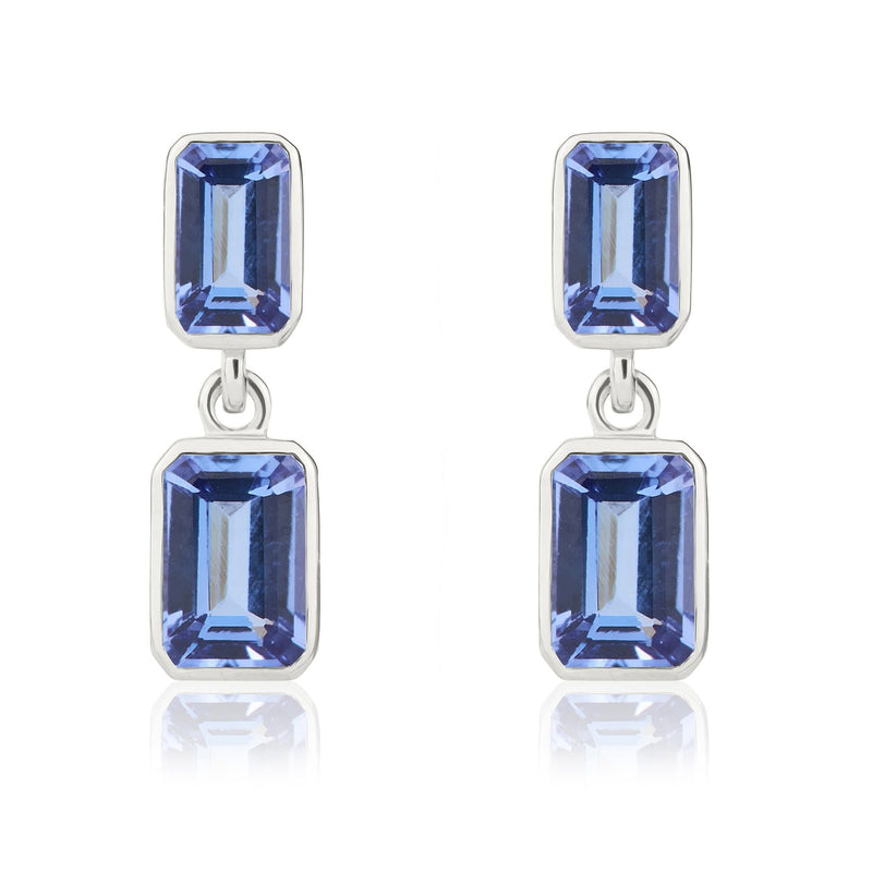 9ct White Gold Octagonal Emerald Cut Natural Tanzanite Double Stone Rubover Drop Earrings