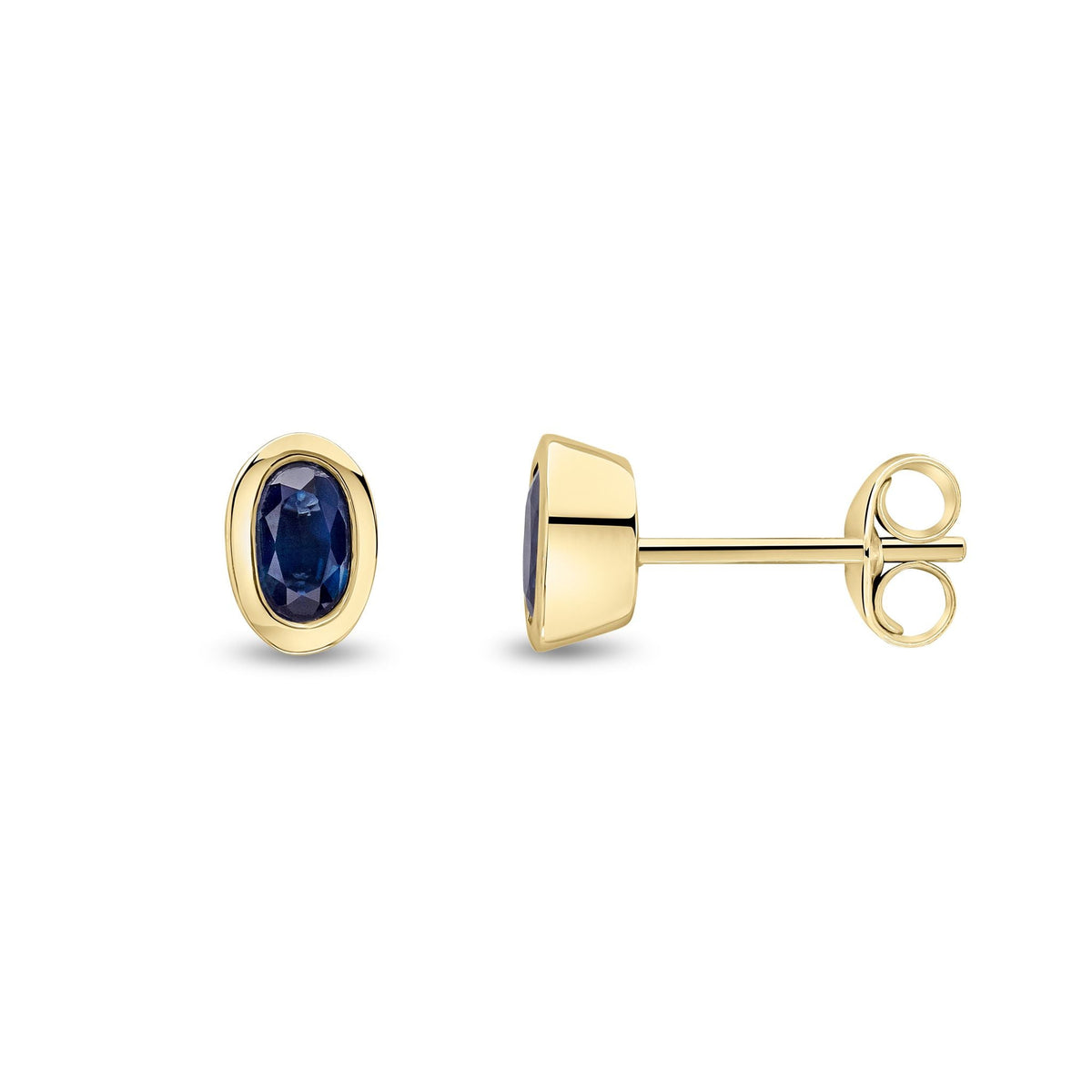 9ct Yellow Gold Oval Natural Sapphire Rubover Stud Earrings — 5x3mm