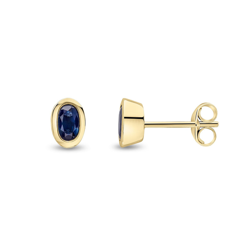 9ct Yellow Gold Oval Natural Sapphire Rubover Stud Earrings — 5x3mm