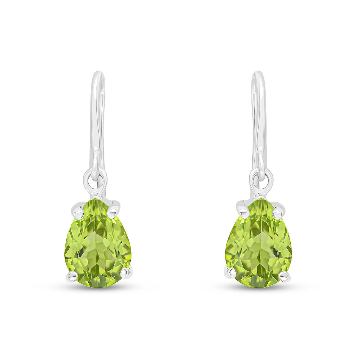 9ct White Gold Pear Shaped Natural Peridot Claw Wire Hook Drop Earrings