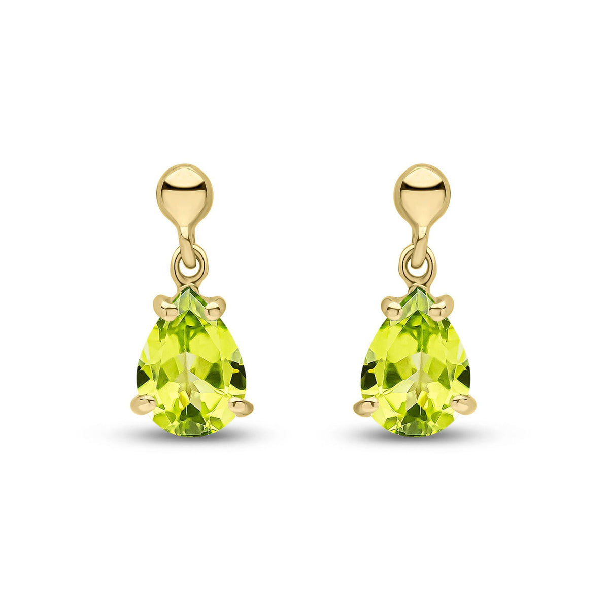 9ct Yellow Gold Pear Shaped Natural Peridot Claw Drop Earrings — 7x5mm