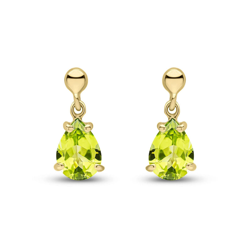 9ct Yellow Gold Pear Shaped Natural Peridot Claw Drop Earrings — 7x5mm