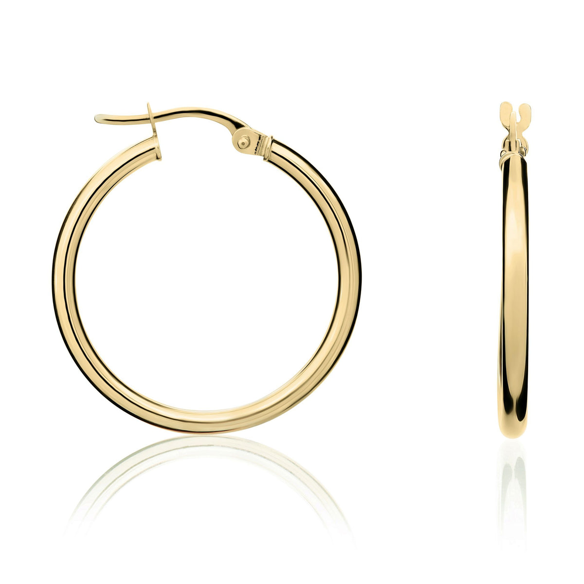 18ct Gold Polished Round Tube Hoop Earrings — 24mm