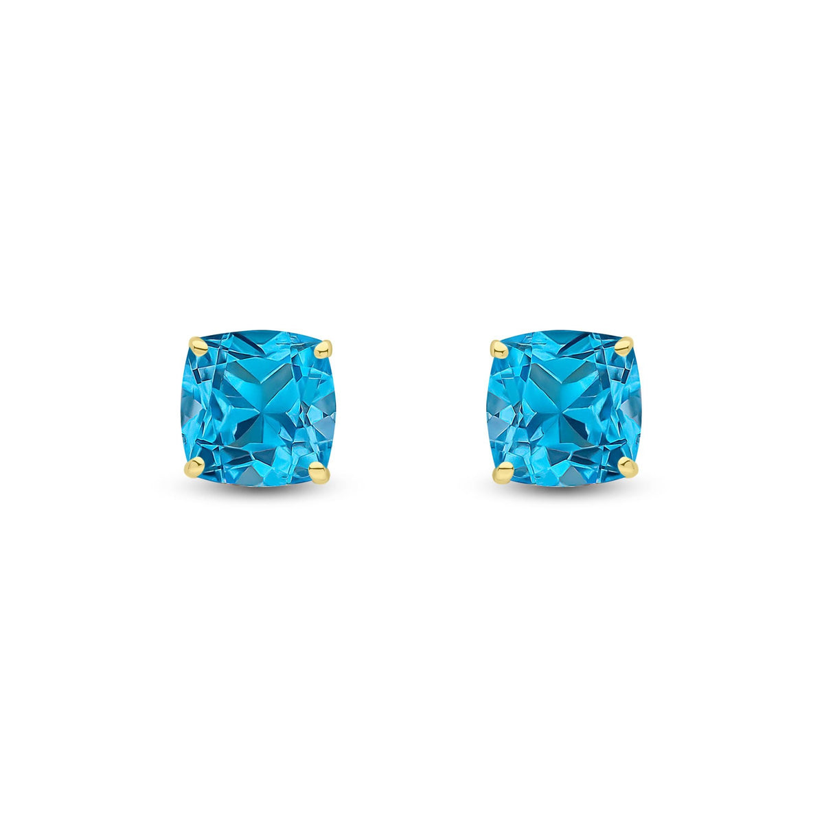 9ct Yellow Gold Cushion Natural Swiss Blue Topaz Claw Stud Earrings — 8mm