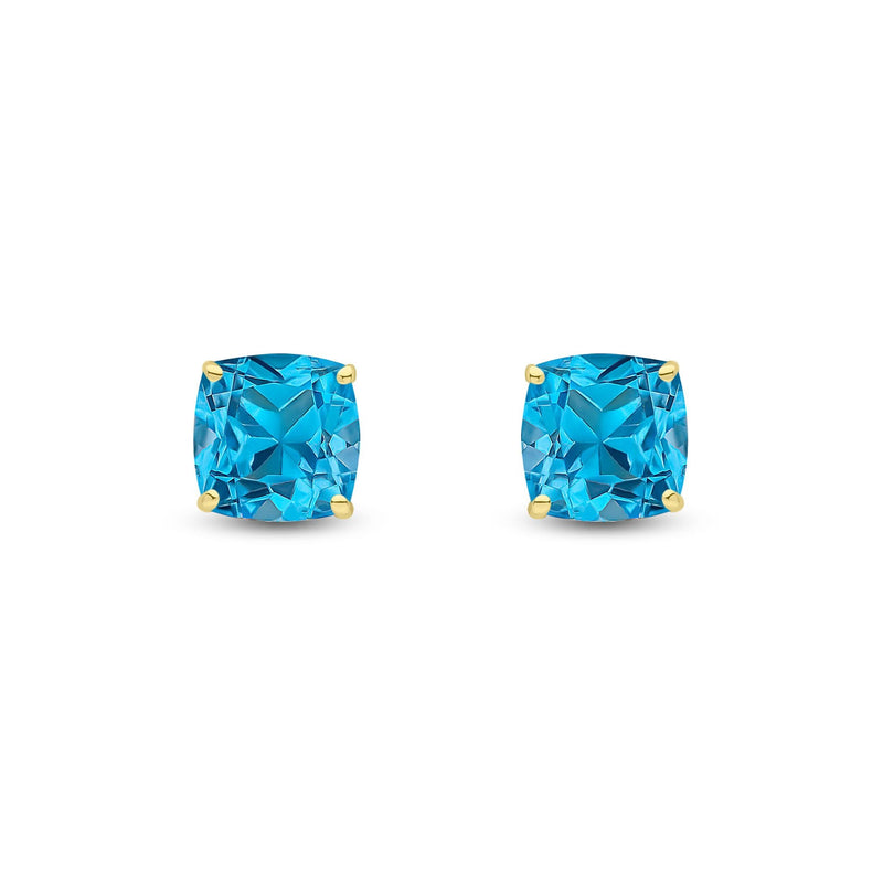 9ct Yellow Gold Cushion Natural Swiss Blue Topaz Claw Stud Earrings — 8mm