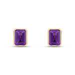 9ct Yellow Gold Octagonal Emerald Cut Natural Amethyst Rubover Stud Earrings — 7x5mm