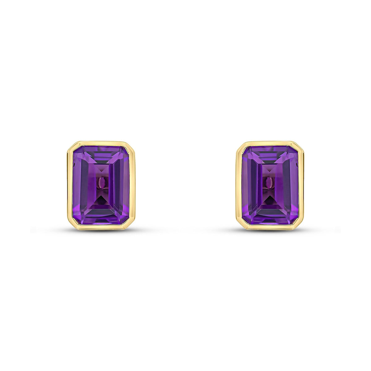 9ct Yellow Gold Octagonal Emerald Cut Natural Amethyst Rubover Stud Earrings — 7x5mm