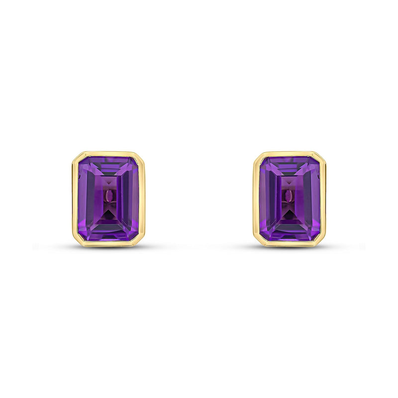 9ct Yellow Gold Octagonal Emerald Cut Natural Amethyst Rubover Stud Earrings — 7x5mm