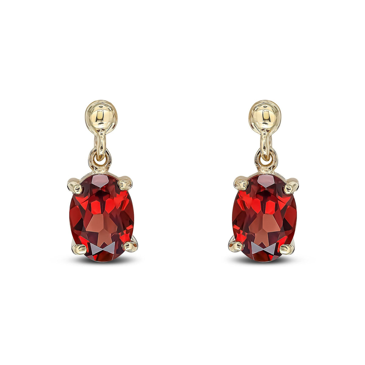 9ct Yellow Gold Oval Natural Garnet Claw Drop Earrings — 7x5mm