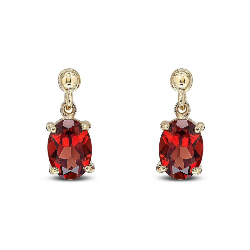 9ct Yellow Gold Oval Natural Garnet Claw Drop Earrings — 7x5mm