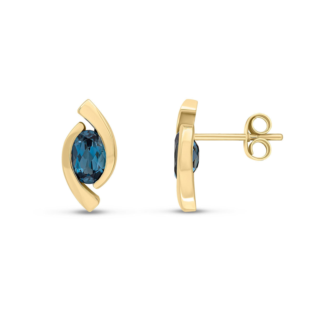 9ct Yellow Gold Oval Natural London Blue Topaz 'Eye' Stud Earrings — 6x4mm