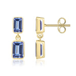 9ct Yellow Gold Octagonal Emerald Cut Natural Tanzanite Double Stone Rubover Drop Earrings