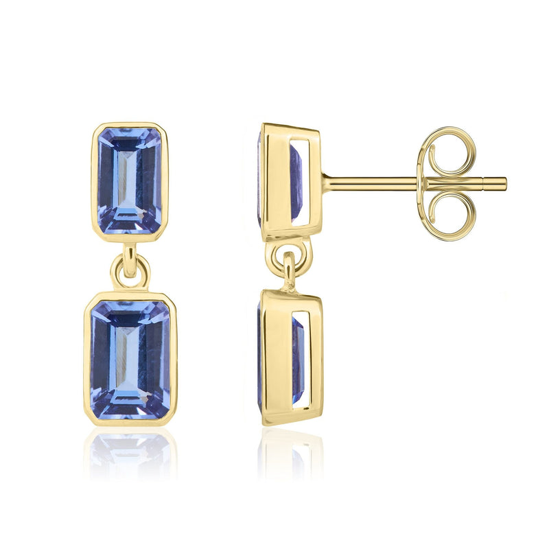 9ct Yellow Gold Octagonal Emerald Cut Natural Tanzanite Double Stone Rubover Drop Earrings