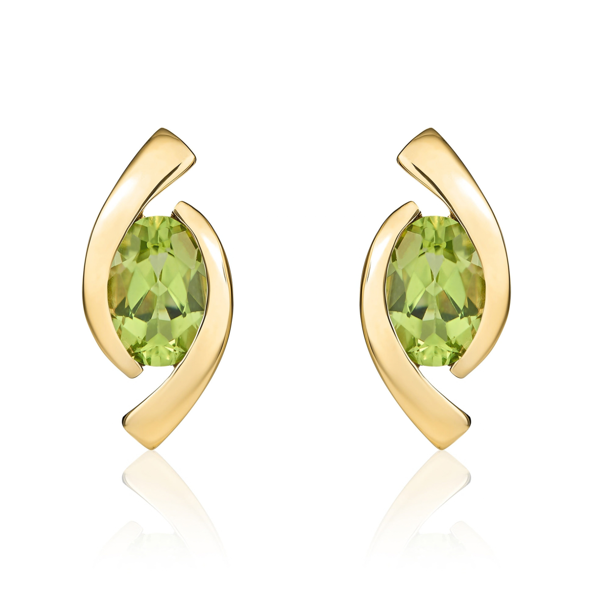 9ct Yellow Gold Oval Natural Peridot 'Eye' Stud Earrings — 6x4mm